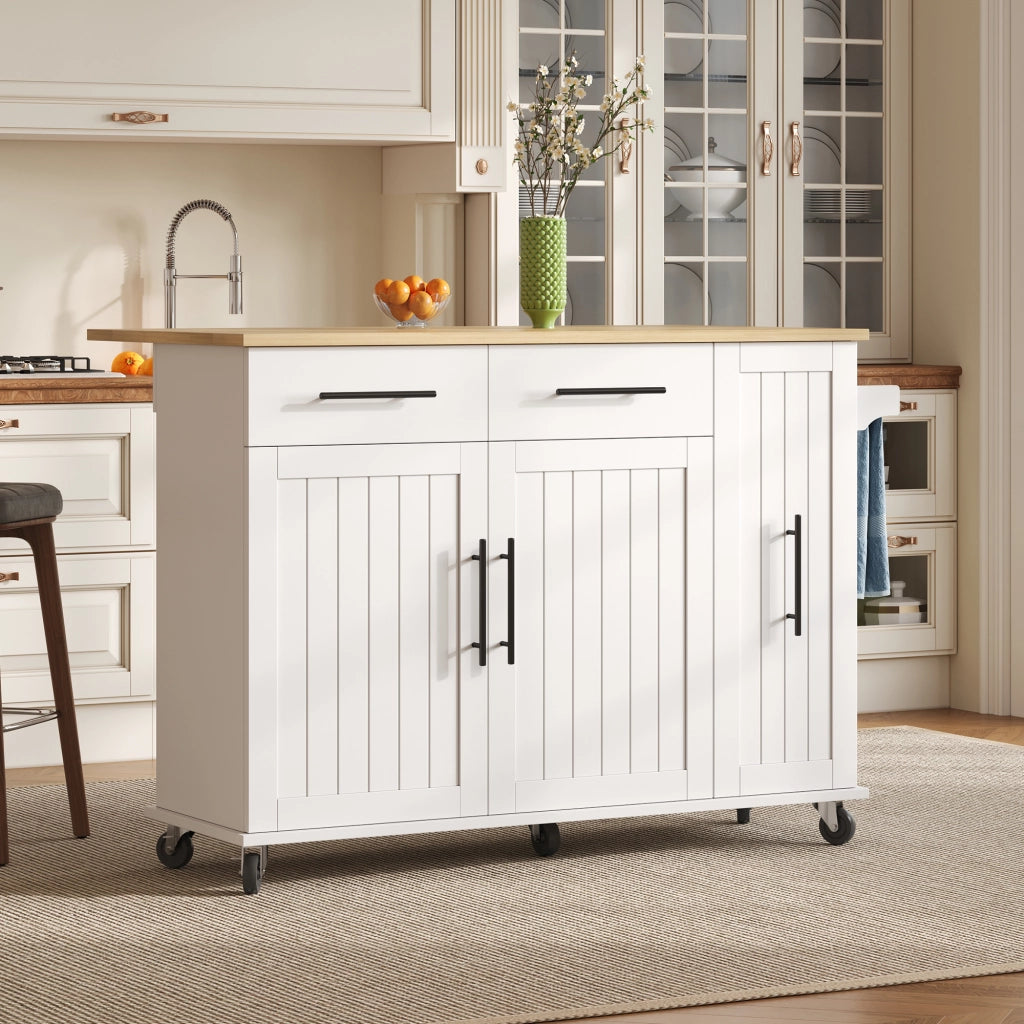 Isola da Cucina Mobile 120x40/65x90 cm Bianca e Legno con Organizer Estraibile, 2 Cassetti e 5 Ruote