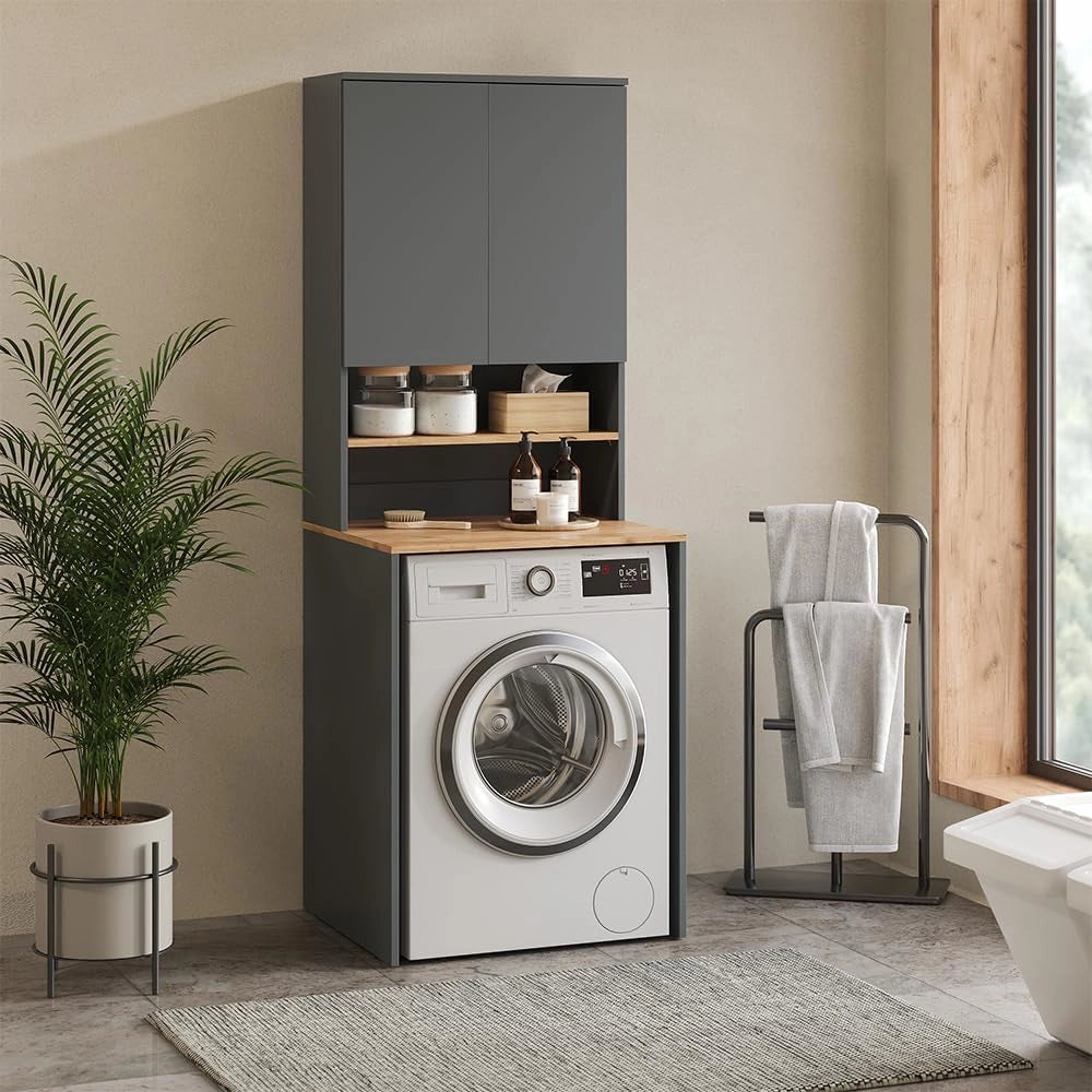 Mobile lavatrice Viktor, Antracite/quercia dorata, 68 x 88.2 cm 2 parti con ripiano, adatto per riporre detersivo e asciugamani