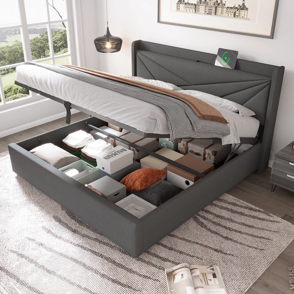 Letti contenitori 180x200 cm con ricarica USB e Type-C; cotone lino; grigio (Senza materasso)
