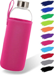 Fusto in vetro 1 l con guaina di neoprene, fusto in vetro da 500 ml e 1000 ml con guaina e coperchio in acciaio inox, borraccia per sport, ufficio, scuola e outdoor, rosa