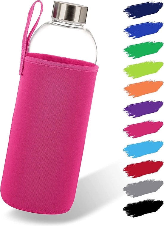 Fusto in vetro 1 l con guaina di neoprene, fusto in vetro da 500 ml e 1000 ml con guaina e coperchio in acciaio inox, borraccia per sport, ufficio, scuola e outdoor, rosa