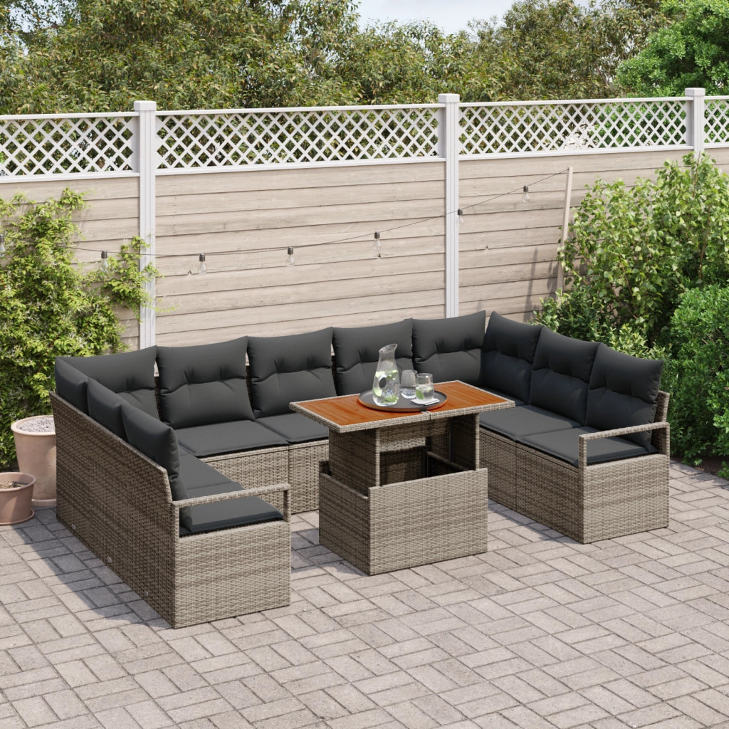 Set Divano da Giardino  in 10 Pezzi con Cuscini Grigio Polyrattan Legno di Acacia