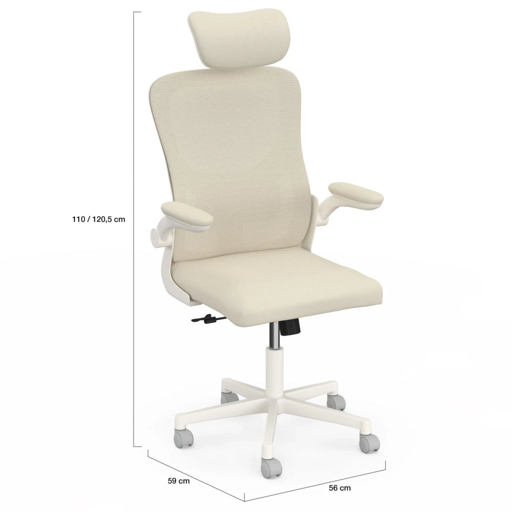 IDMarket - Sedia da ufficio ergonomica JAMES in tessuto traspirante e poggiatesta con rotelle beige e bianche