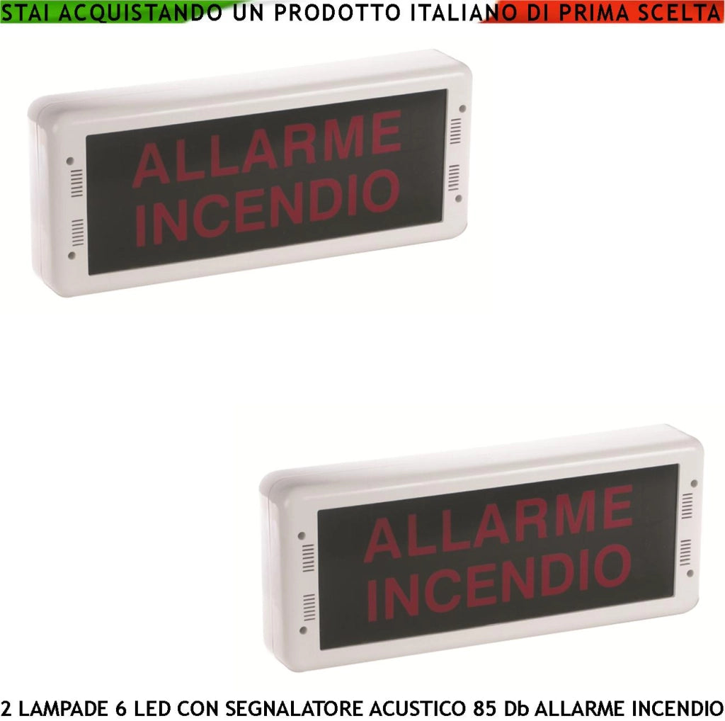 LAMPADA VIA DI FUGA 2 PEZZI LUCE LED SIRENA 85 dB SCRITTA ALLARME INCENDIO PANNELLO A MURO EN 54-3 EN-54-23 DoP 1293 CPR-0511