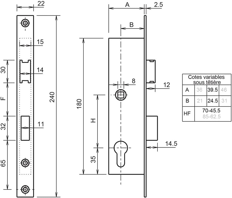 serie 7/395 - Serratura a incasso reversibile senza torsione in acciaio inox, 39,5 x 180 mm per porta in PVC o porta metallica