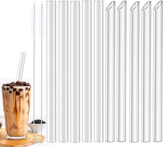 Rietelli di vetro in acciaio inox, 10 glas, 14 mm x 215 mm, per smoothies, succo e bubble tea, riutilizzabili, lavabili in lavastoviglie, pulibili con spazzole.