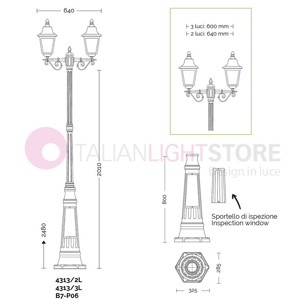 ARYEL Lampione h.248 a 3 luci per Esterno Lanterne Classiche Quadrate