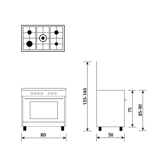 Glem Gas A855EI Cucina 80cm 5 Fuochi, 1 Tripla Forno Elettettrico, A, Inox, Alpha