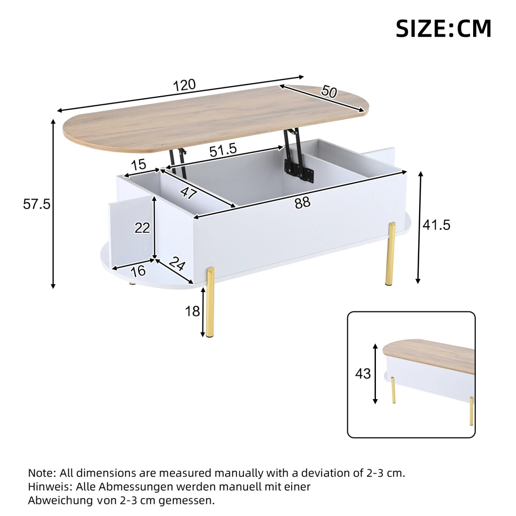 Tavolino da salotto 120x50x43 cm; piano sollevabile con vano nascosto; MDF; bianco e colore naturale