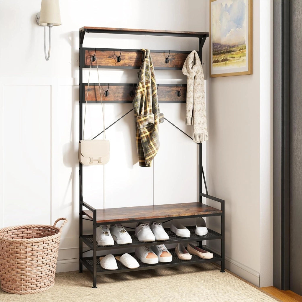 4 in 1 Appendiabiti da Ingresso, Armadio con Panca per Scarpe Scarpiera a 2 Ripiani, Struttura in Metallo e Kit Antivibrazione, 102 x 40 x 184 cm (Marrone)