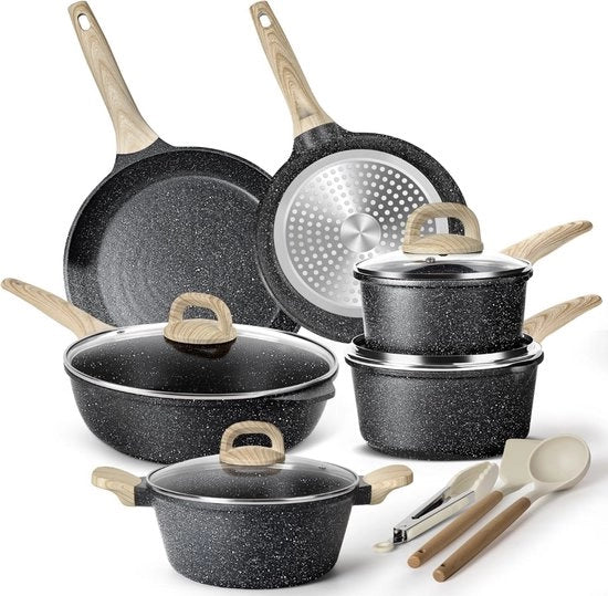 Set di pentole in acciaio inossidabile 13 pezzi – Coperchio in granito nero – Senza PTFE e PFOA – Incluso coperchio