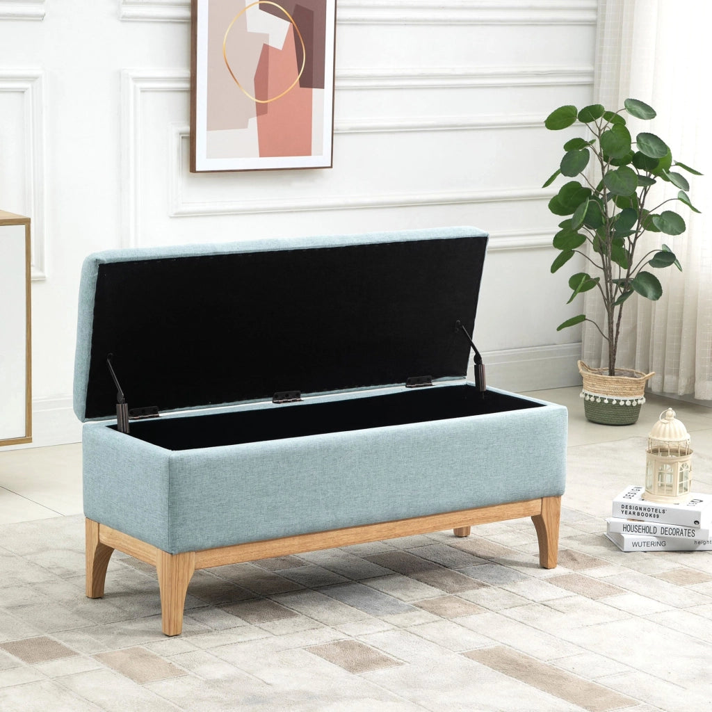 Panca Pouf Contenitore Imbottita 110x39x45 cm in Tessuto Effetto Lino Azzurro