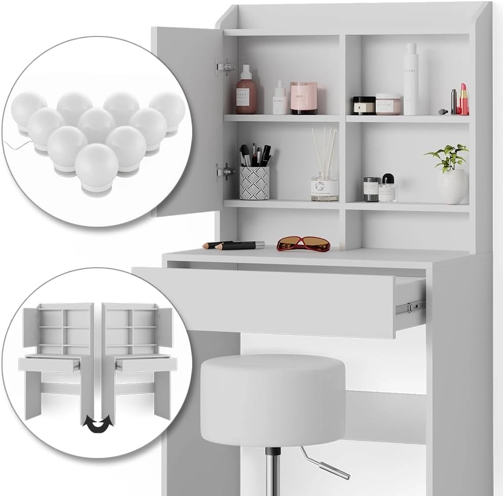 Tavolo da toeletta Laura, Bianco, 70 cm con illuminazione LED e sgabello, Luce integrata – non è necessaria una lampada da tavolo aggiuntiva