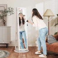 Specchio Portagioie 3 in 1 Girevole a 360°, Ripiani Posteriori e Anta con Chiave, 55x55x161 cm, Bianco