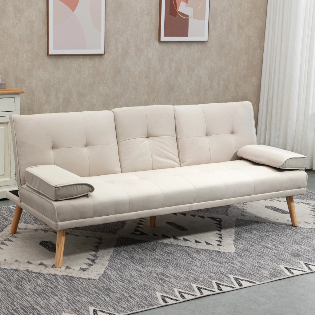 EasyComfort Divano Letto 3 Posti Reclinabile con Rivestimento Effetto Lino e Tavolino a Ribalta, Beige