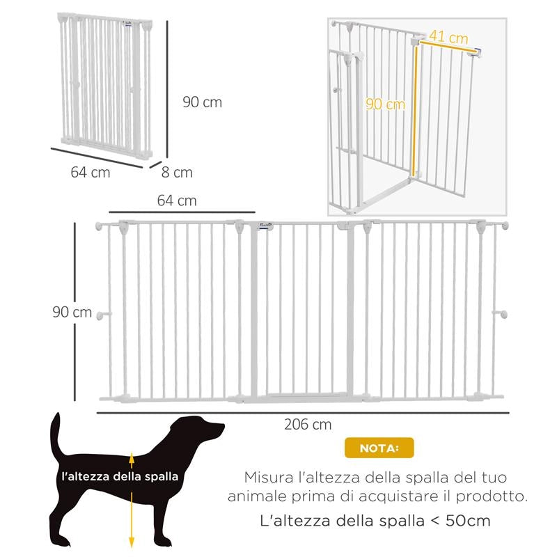 CANCELLETTO PER CANI TAGLIA MEDIA A 3 PANNELLI CON DOPPIO SISTEMA DI BLOCCO, 206X90CM, BIANCO