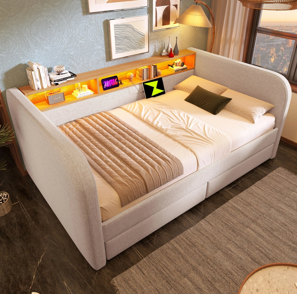 Letto imbottito 140x190 cm con LED, USB-C, 2 cassetti e testiera contenitore beige