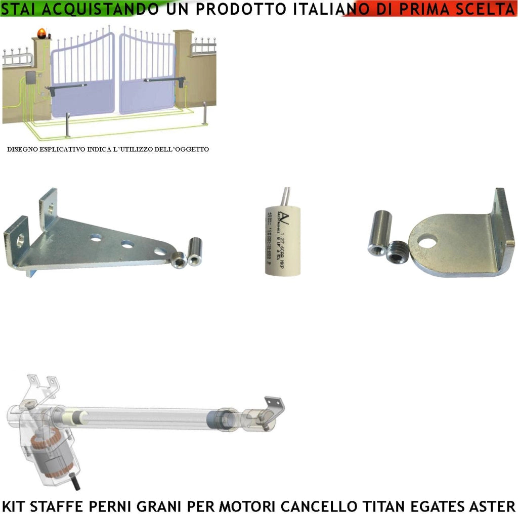 Gruppo Staffe Acciaio Zincate Perni Bulloni Viti Blocco Ricambio dei Motori Serie Titan x Cancello Elettrico GR MPC E-gates Kit Condensatore Perni Bulloni Viti Blocco Staffa Multiforo Angolo Rotazione