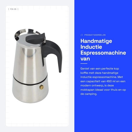 Macchina per caffè portatile a induzione - 450 ml - Fatto a mano - In acciaio inossidabile - Design moderno - Caffettiera da campeggio