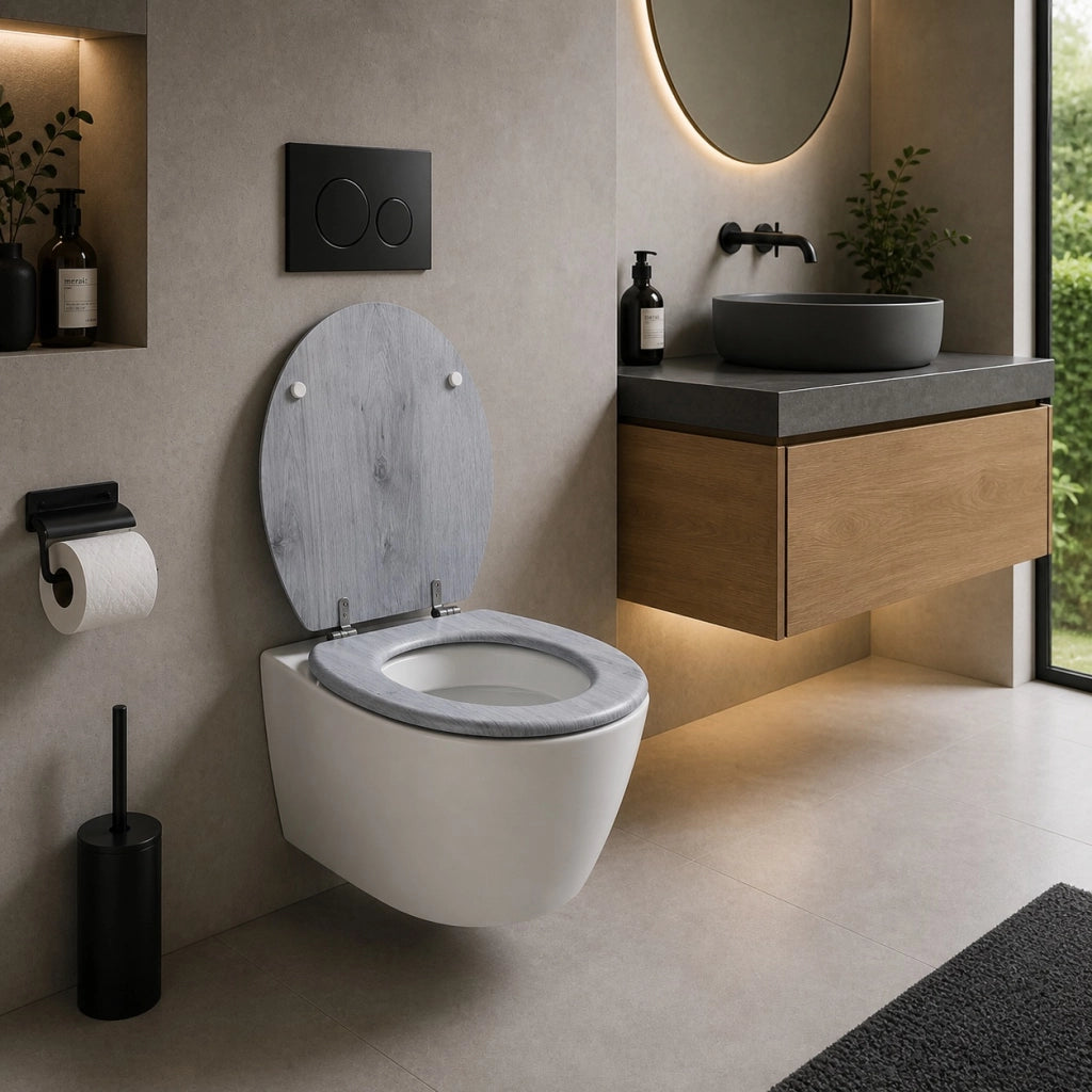 Sedile Copriwater Universale MDF Grigio Effetto Legno Con Cerniere 94103