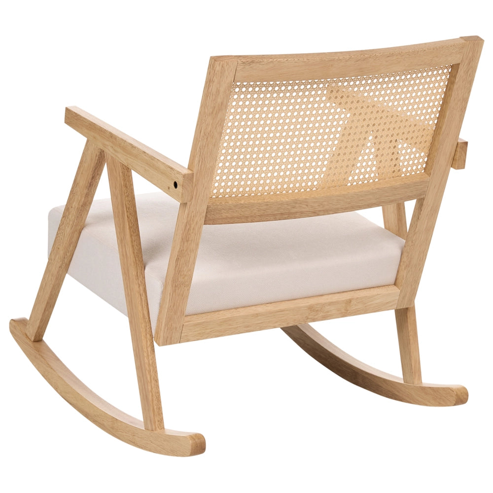 Poltrona a dondolo imbottita con schienale Vienna stile scandinavo struttura in legno di gomma tessuto marrone chiaro e beige chiaro