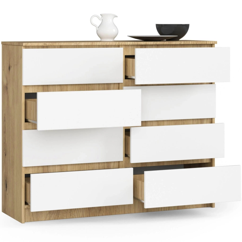 Cassettiera AKORD K120 Quercia Artisan 120 cm 8 cassetti inserto frontale Bianco 120x40x99 cm