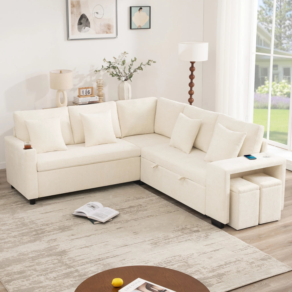 Divano angolare convertibile con chaise longue reversibile, funzione letto e USB, in chenille beige, 220 × 205 × 86.5 cm