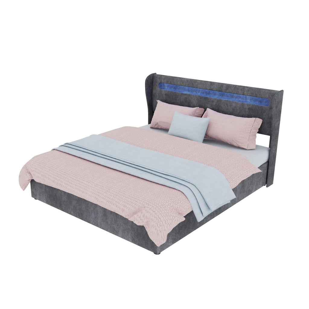Letto matrimoniale 160x200 cm con testiera regolabile e LED; tessuto e metallo; grigio
