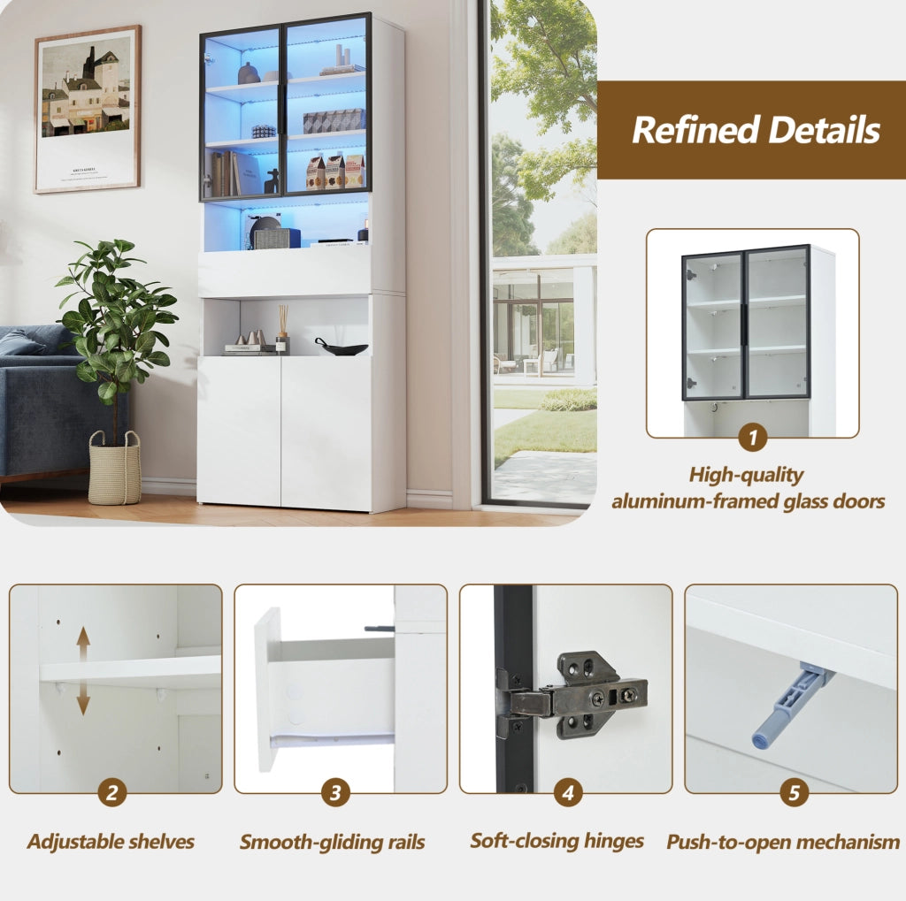 Vetrina alta con LED e ante in vetro; 70 x 30 x 200 cm; bianco