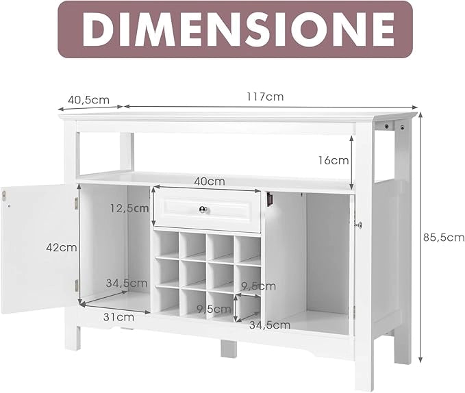Credenza Moderna con Tanto Spazio, Credenza Cucina con Porta Bottiglie di Vino a Forma Incrociata, Mensola Aperta, 2 Armadietti e Cassetto, 117 x 40,5 x 82,5 cm (Bianco)