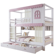 Letto a Castello 90x200 cm; 2 Posti; con Cassetti; Mensole e Scala; in Legno; Bianco Rosa