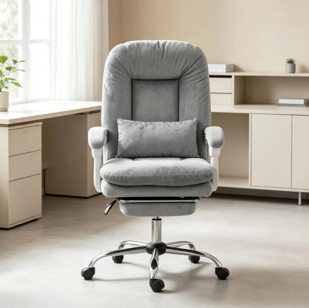Sedia da ufficio ergonomica in velluto grigio con poggiapiedi