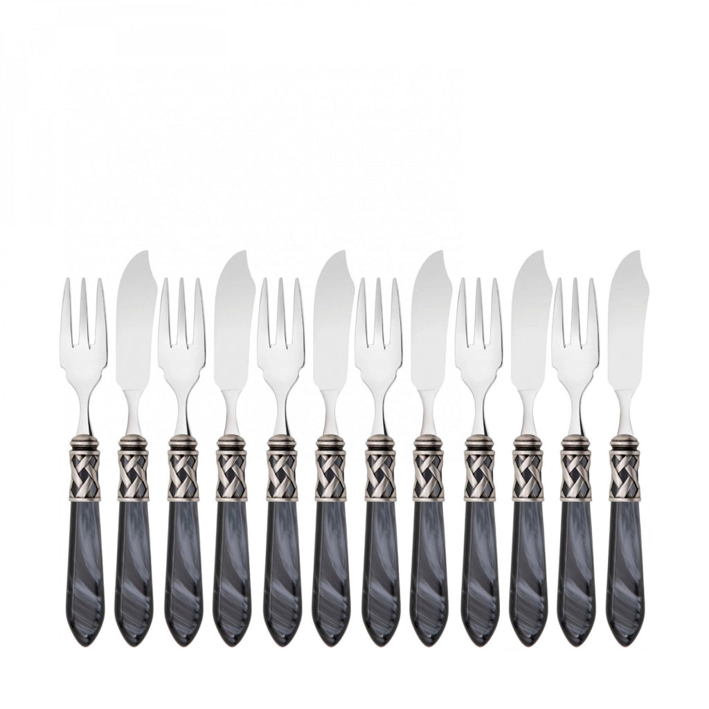ALADDIN Ghiera Argento Anticato, Posate Set 12 pz Pesce, Casa Bugatti Colore: Nero