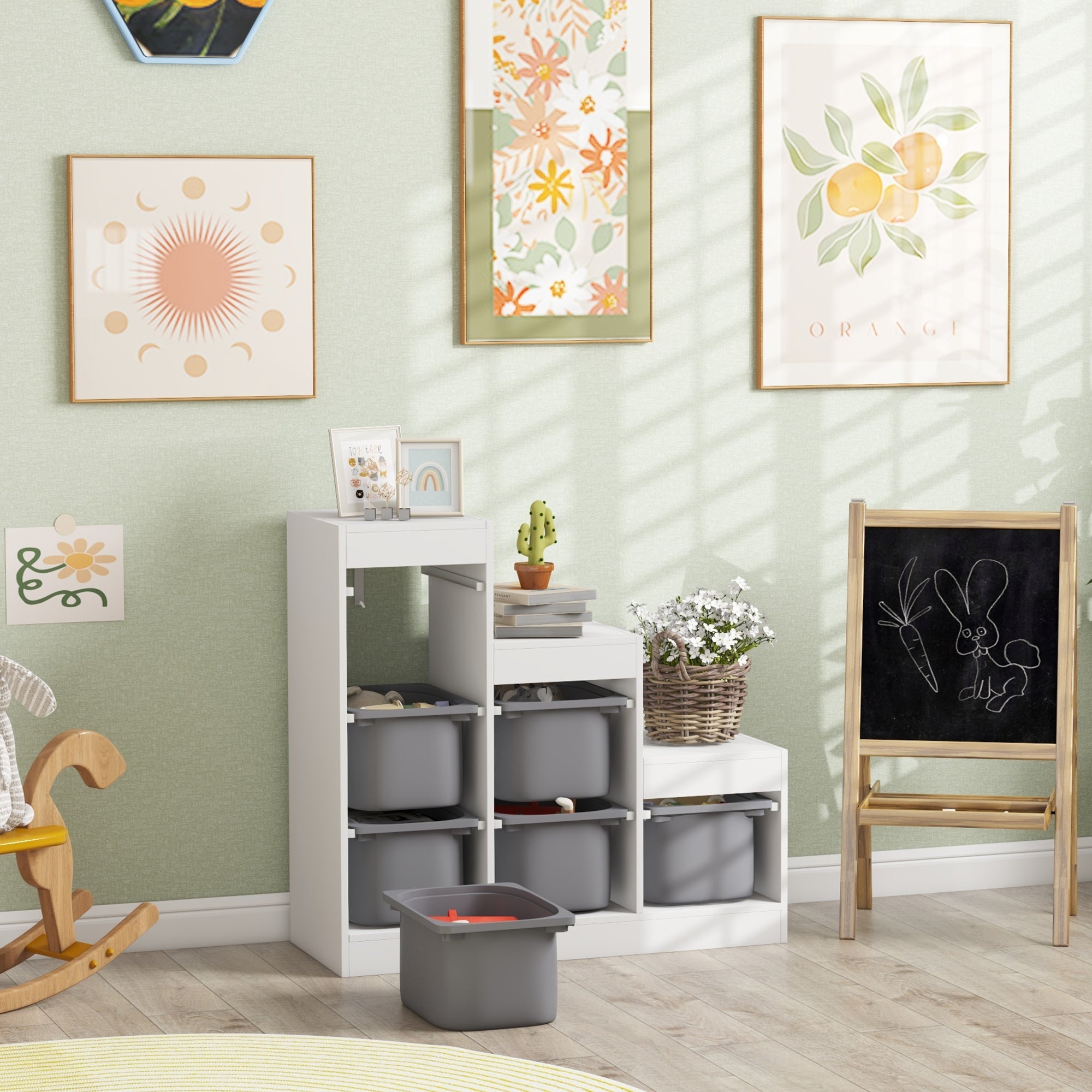 Scaffale Portagiochi per Bambini a 3 Livelli 6 Contenitori 96x38,5x90 cm Grigio