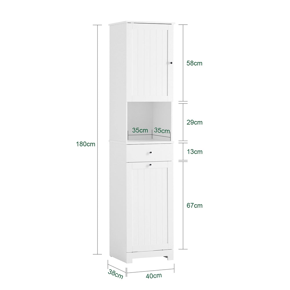 SoBuy Mobile Bagno Salvaspazio Alto con Cesto Portabiancheria 45L – Colonna Bagno Stretto 40x38x180cm con Cassetto in MDF, Ripiano Aperto e Anta Mobiletto per Lavanderia o WC BZR216-W
