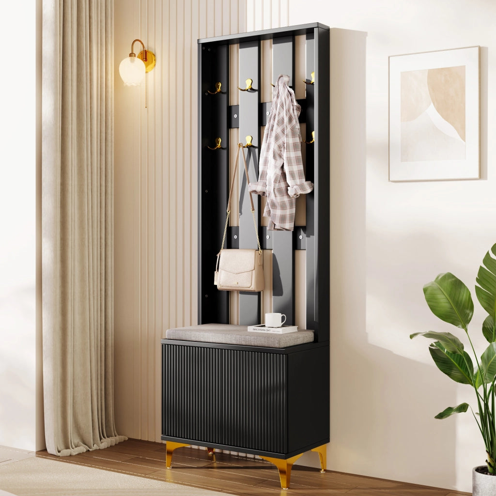 Mobile Ingresso con 2 Ante; Ripiani Regolabili e Panca Portascarpe; Push-to-Open; Nero e Oro; 60;5×35;2×180;5 cm