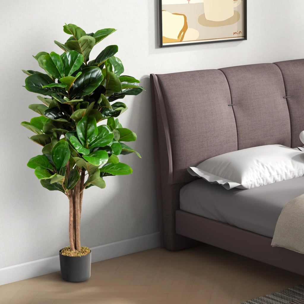 Pianta artificiale, albero di fico artificiale, 120 cm, decorazione in vaso di cemento, pianta verde con tronco e foglie in legno naturale, decorazione per interni