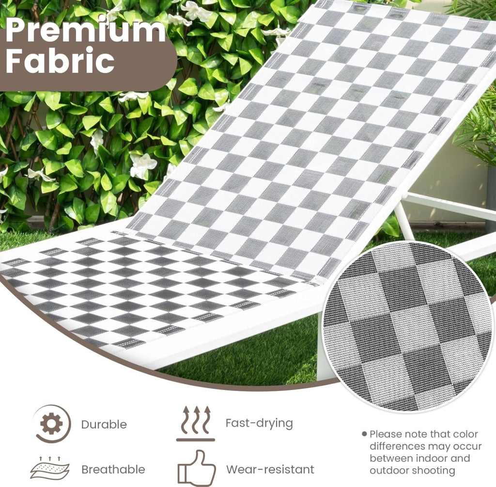 Lettino da giardino con schienale regolabile in 5 posizioni, sedia reclinabile pieghevole con 2 ruote, in tessuto traspirante con telaio in metallo, carico 180 kg, 200 x 68 x 104 cm