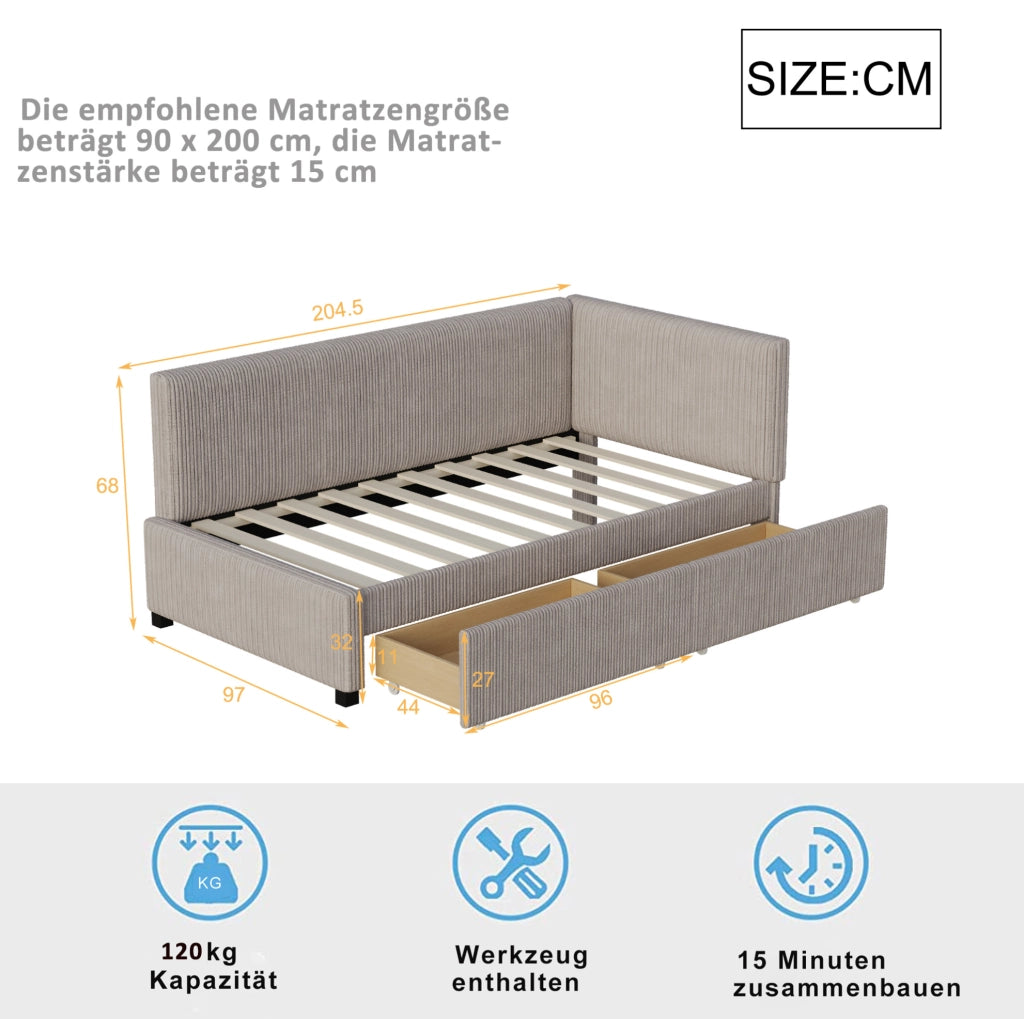 Letto singolo imbottito 90x200 cm con 2 cassetti grigio