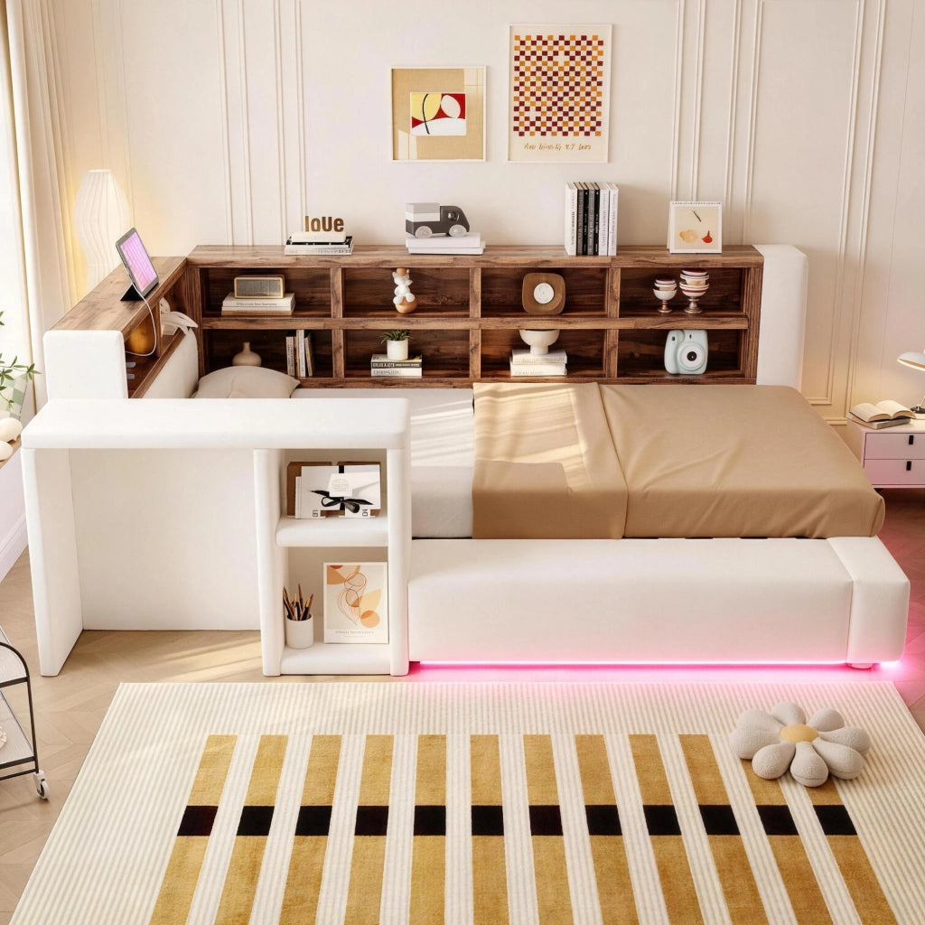 Letto imbottito 90 x 200 cm con contenitore, USB/LED e tavolino laterale, beige