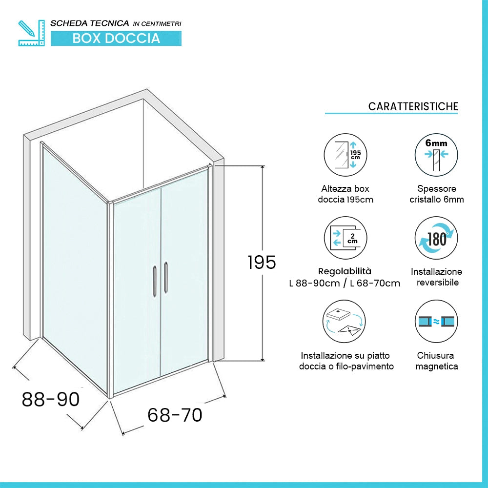Box doccia angolare 90x70 con apertura saloon in vetro temperato trasparente con profili cromati Neos