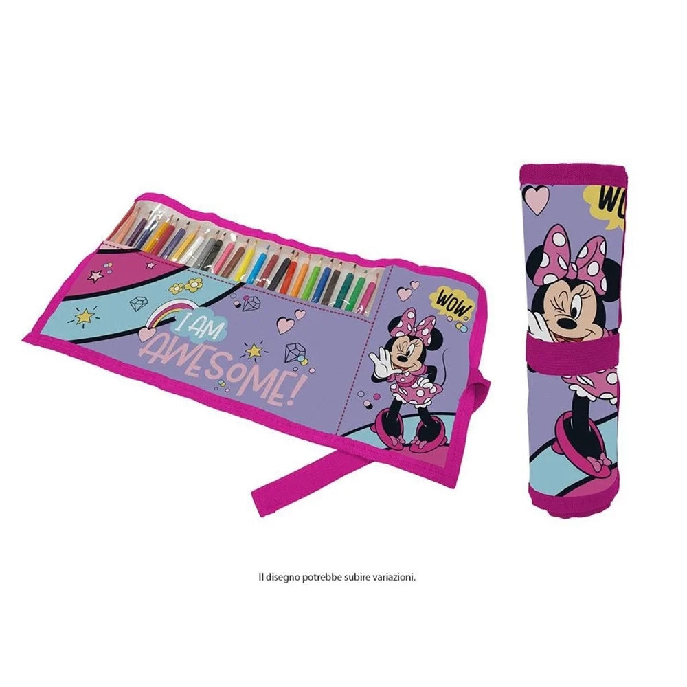 Trade Shop - Astuccio Roll Ripiegabile Con 24 Pastelli Colorati Arrotolabile Grafica Minnie 949509a -