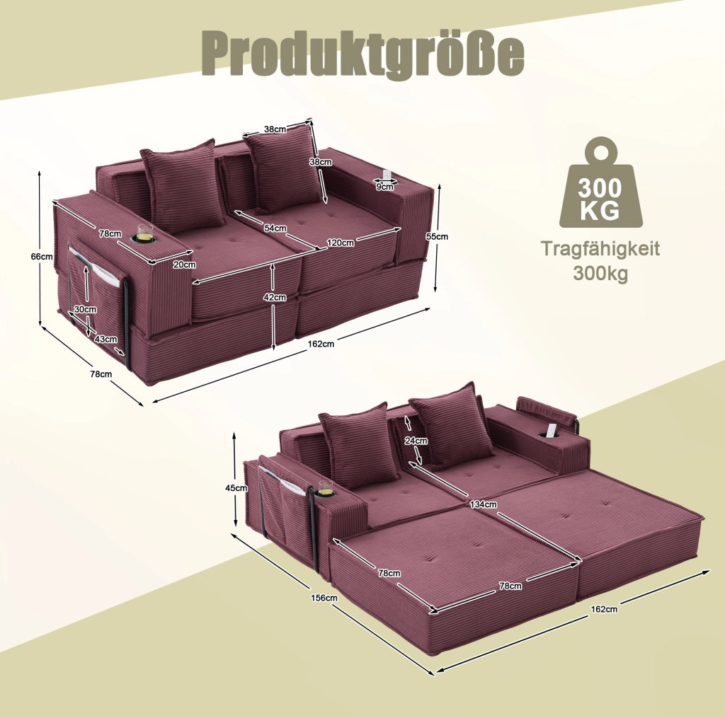 Divano 2 posti modulare 162x78x66 cm in velluto a coste con tasche laterali; rosso vino