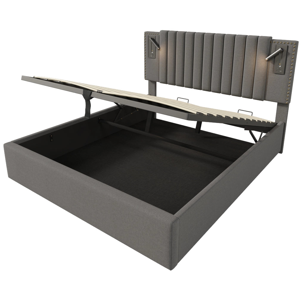 Letto matrimoniale 160x200 cm con contenitore; testiera regolabile; luce lettura e porte USB; grigio
