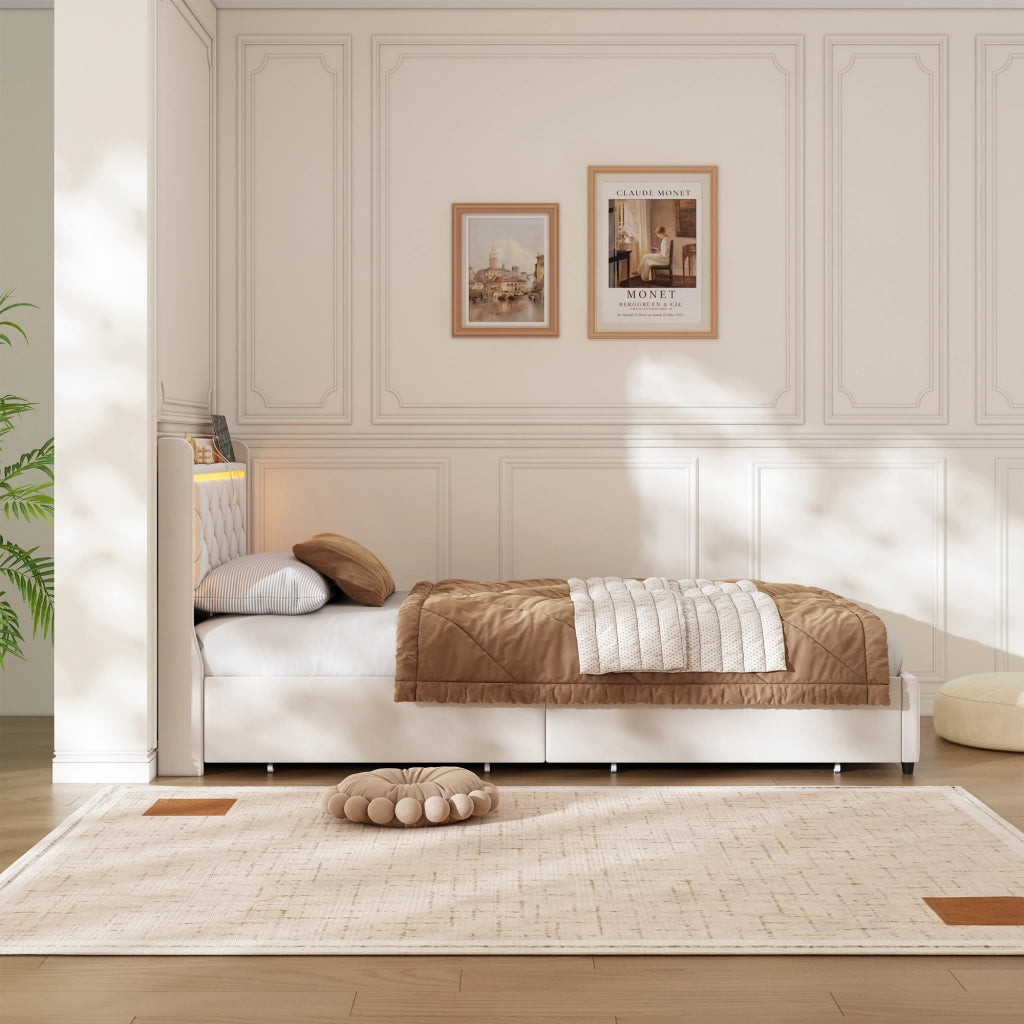 Letto singolo contenitore 90x200 cm in velluto beige, testiera trapuntata con luci RGB‑LED, controllo app e telecomando, sistema di sollevamento idraulico, senza materasso