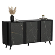 Credenza Loreo, Madia da salotto con tre ante battenti e vani interni, Rialzata da terra, 151x42 h70 cm, Marmo e Nero