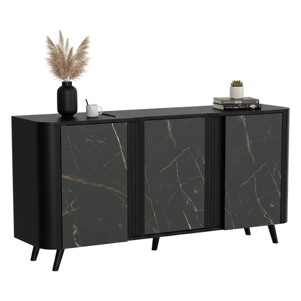 Credenza Loreo, Madia da salotto con tre ante battenti e vani interni, Rialzata da terra, 151x42 h70 cm, Marmo e Nero