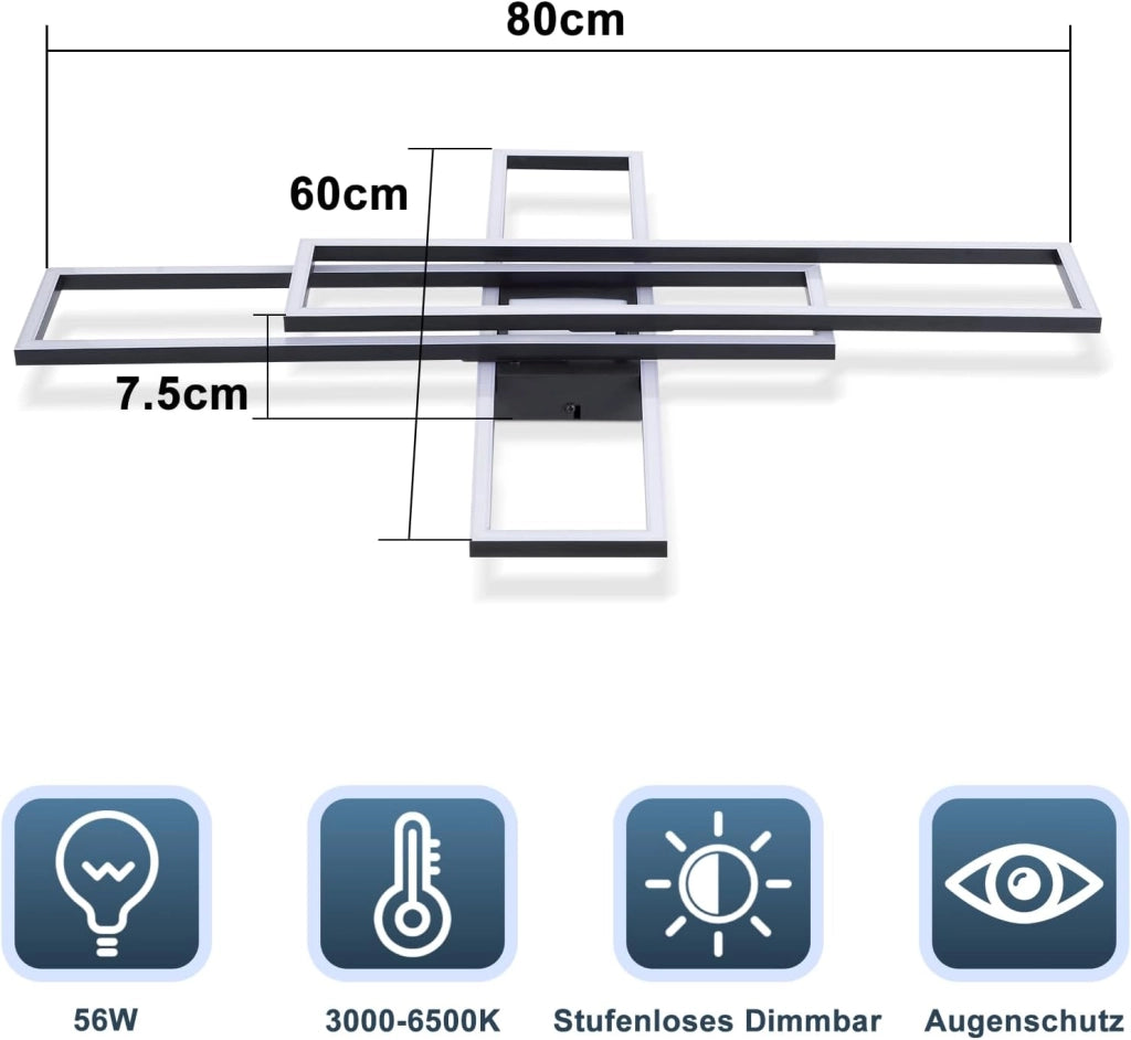 ZMH Lampada da soffitto plafoniera LED 56W nera dimmerabile telecomando design rettangolare per camera letto cucina