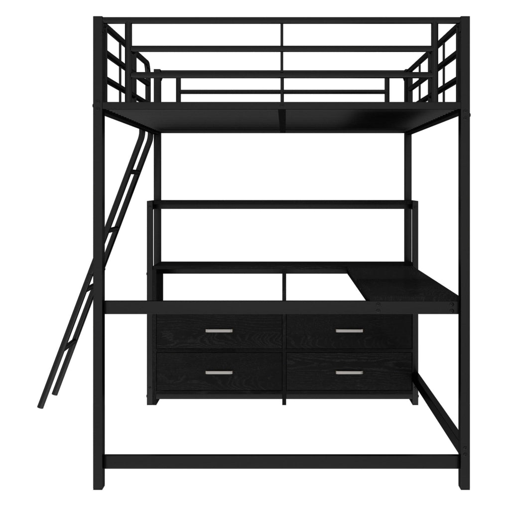 Letto a soppalco 140x200 cm con scrivania a L e cassetti in MDF e metallo nero