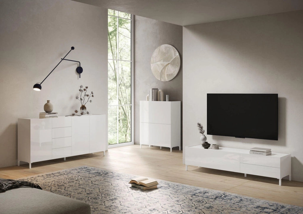 Madia 3 ante/4 cassetti 174x40x84 cm bianco lucido - SOLARIA